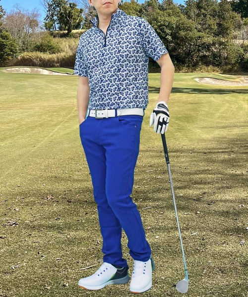 セール】ゴルフウェア 総柄 ドライメッシュ ハーフジップ 半袖