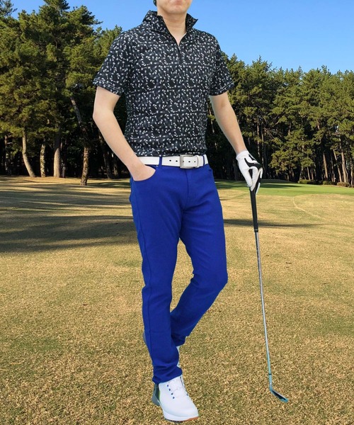 セール】ゴルフウェア 総柄 ドライメッシュ ハーフジップ 半袖