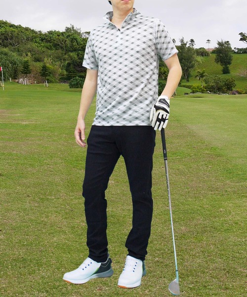 セール】ゴルフウェア 総柄 ドライメッシュ ハーフジップ 半袖