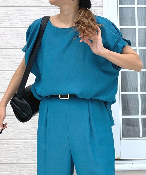 Q（キュー）の「ポリエステルコットン袖タックブラウス（シャツ/ブラウス・レディース・ブルー/ブラック・MEDIUM）」の8枚目の写真