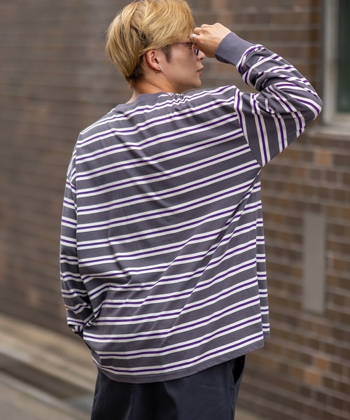 マルチボーダーフリルカットソー フロントダブルマルチボーダーカットソー(F BLACK/IVORY