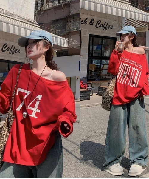 ENIM BY VICKY(エニムバイビッキー)の「前後2wayプリントオフショルロンT(Tシャツ/カットソー・レディース・グレー/レッド・M)」の9枚目の写真