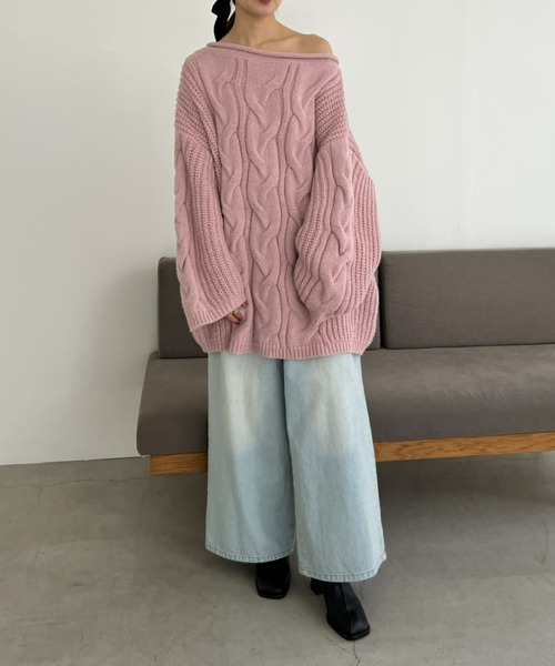 オーバーサイズケーブルニット[2way]（ニット/セーター）｜Olu