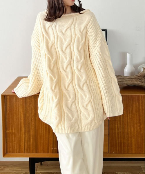 todayful｜アイボリー ケーブルニットセーター 長袖 オーバーサイズ オーバーサイズケーブルニット[2way]（ニット/セーター）｜Olu
