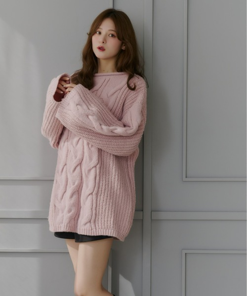オーバーサイズケーブルニット[2way]（ニット/セーター）｜Olu