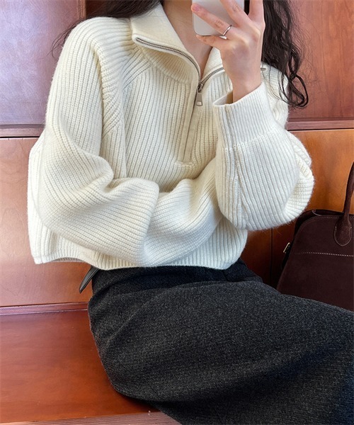 Dream garden（ドリームガーデン）の「ハーフジップニット（ニット/セーター・レディース・ダークブラウン/ブラック/レッド/オフホワイト/グレー/ライトイエロー/ピンク/カーキ・FREE）」の14枚目の写真