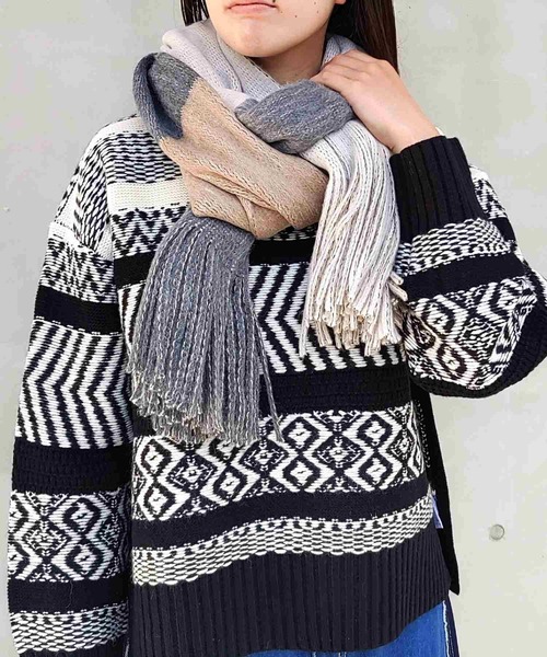 Q（キュー）の「ミンクタッチボーダーストール（ストール/ショール・レディース・ブルー系/ベージュ系/イエロー系・ONE SIZE）」の15枚目の写真