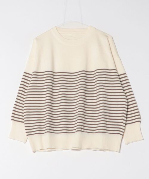 LOSUCA(ロスカ)の「クルーネックボーダーニットトップス / プルオーバー レーヨン混ニット ゆったりサイズ 保温 ナチュラル フレンチ 大人カジュアル レトロ ヴィンテージ シティガール オフィスカジュアル(ニット/セーター・レディース・ブルー/オフホワイト/ピンク/ブラウン・FREE)」の9枚目の写真