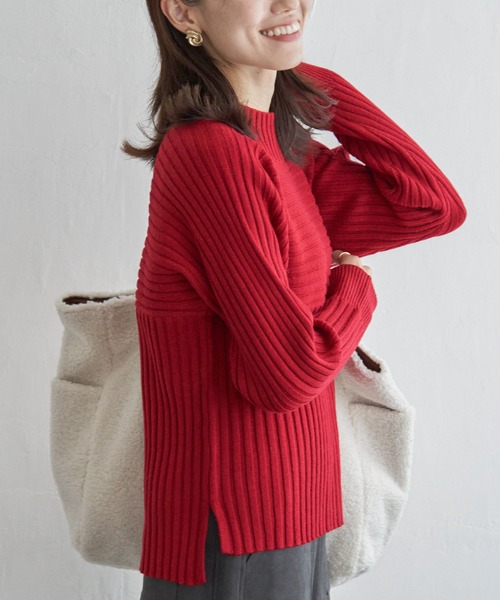 ikka(イッカ)の「7Gワイドリブ切り替えプルオーバー(ニット/セーター・レディース・ネイビー/ベージュ/ブルー/レッド/グリーン・S/M/L)」の5枚目の写真