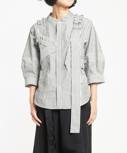 gomme（ゴム）の「60/-ローン　ギャザリルブラウス（シャツ/ブラウス・レディース・ブラック/ストライプ/ホワイト・MEDIUM）」の3枚目の写真
