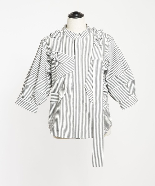 gomme（ゴム）の「60/-ローン　ギャザリルブラウス（シャツ/ブラウス・レディース・ブラック/ストライプ/ホワイト・MEDIUM）」の21枚目の写真