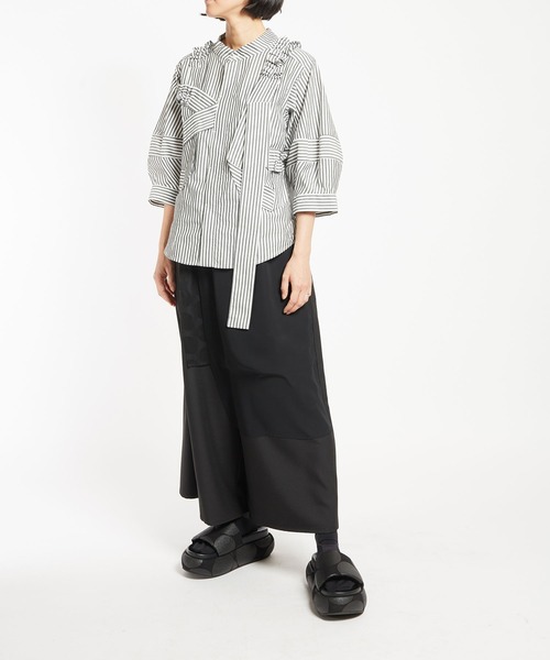 gomme（ゴム）の「60/-ローン　ギャザリルブラウス（シャツ/ブラウス・レディース・ブラック/ストライプ/ホワイト・MEDIUM）」の7枚目の写真