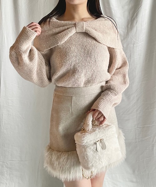 NOMAE（ノーマエ）の「リボンオフショルニットトップス（ニット/セーター・レディース・ダークグレー/ブラウン/ピンク/アイボリー/ブルー・FREE）」の14枚目の写真