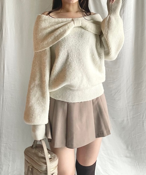 NOMAE（ノーマエ）の「リボンオフショルニットトップス（ニット/セーター・レディース・ダークグレー/ブラウン/ピンク/アイボリー/ブルー・FREE）」の7枚目の写真