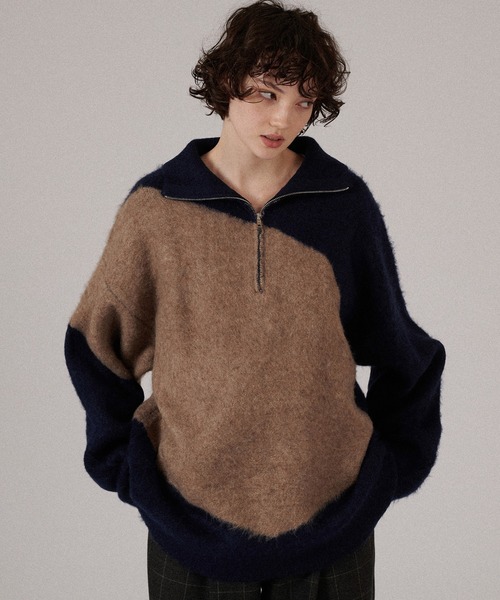 ONCILY（オンシェリー）の「HALF-ZIP SHAGGY BICOLOR KNIT / ハーフジップシャギーバイカラーニット（ニット/セーター・メンズ・ネイビー/グレー・MEDIUM/LARGE）」の2枚目の写真