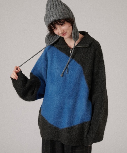 ONCILY（オンシェリー）の「HALF-ZIP SHAGGY BICOLOR KNIT / ハーフジップシャギーバイカラーニット（ニット/セーター・メンズ・ネイビー/グレー・MEDIUM/LARGE）」の8枚目の写真