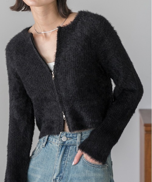 ad thie（アドティエ）の「シャギーニット ジップカーディガン（カーディガン/ボレロ・レディース・ブラック/アイボリー/グリーン・FREE）」の2枚目の写真
