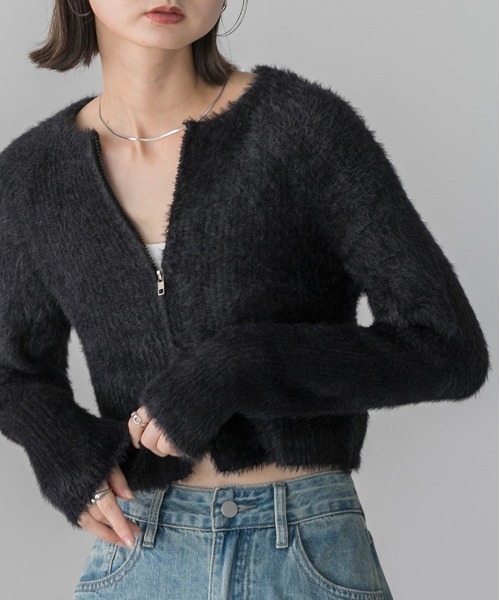 ad thie（アドティエ）の「シャギーニット ジップカーディガン（カーディガン/ボレロ・レディース・ブラック/アイボリー/グリーン・FREE）」の5枚目の写真