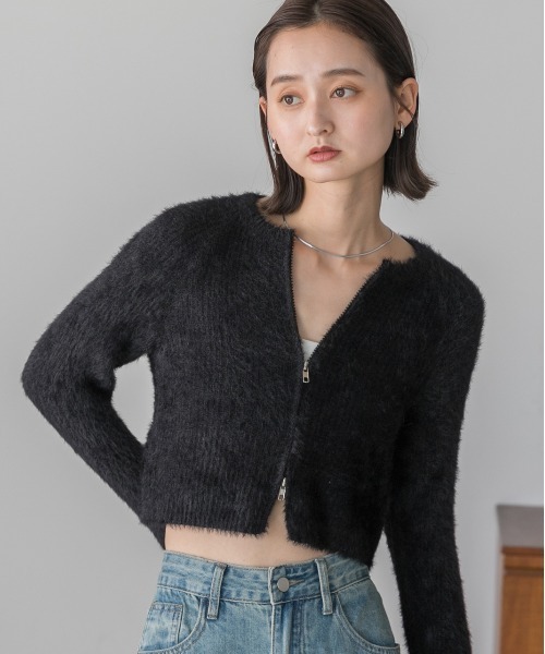 ad thie（アドティエ）の「シャギーニット ジップカーディガン（カーディガン/ボレロ・レディース・ブラック/アイボリー/グリーン・FREE）」の6枚目の写真