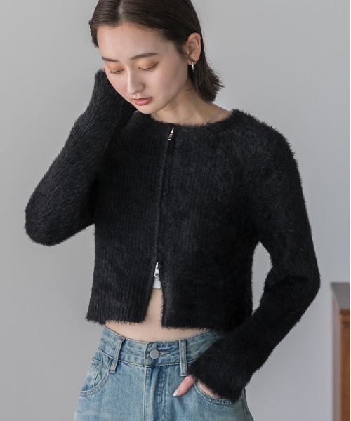 ad thie（アドティエ）の「シャギーニット ジップカーディガン（カーディガン/ボレロ・レディース・ブラック/アイボリー/グリーン・FREE）」の8枚目の写真