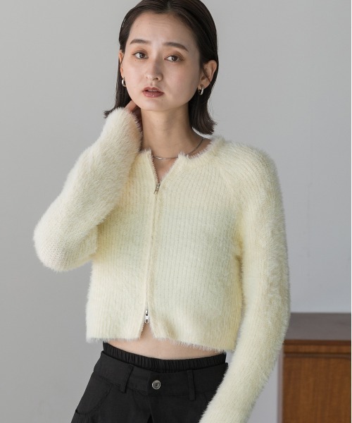 ad thie（アドティエ）の「シャギーニット ジップカーディガン（カーディガン/ボレロ・レディース・ブラック/アイボリー/グリーン・FREE）」の11枚目の写真