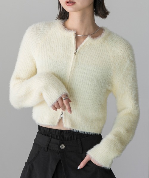ad thie（アドティエ）の「シャギーニット ジップカーディガン（カーディガン/ボレロ・レディース・ブラック/アイボリー/グリーン・FREE）」の12枚目の写真