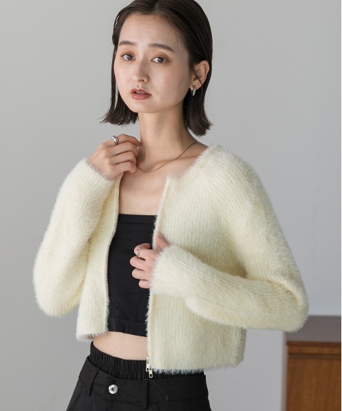 ad thie（アドティエ）の「シャギーニット ジップカーディガン（カーディガン/ボレロ・レディース・ブラック/アイボリー/グリーン・FREE）」の17枚目の写真
