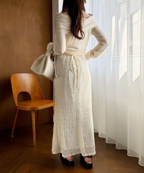 one after another NICE CLAUP(ワンアフターアナザーナイスクラップ)の「ドロストリボンオフショルトップス(Tシャツ/カットソー・レディース・モカ/ピンク/アイボリー・FREE)」の4枚目の写真