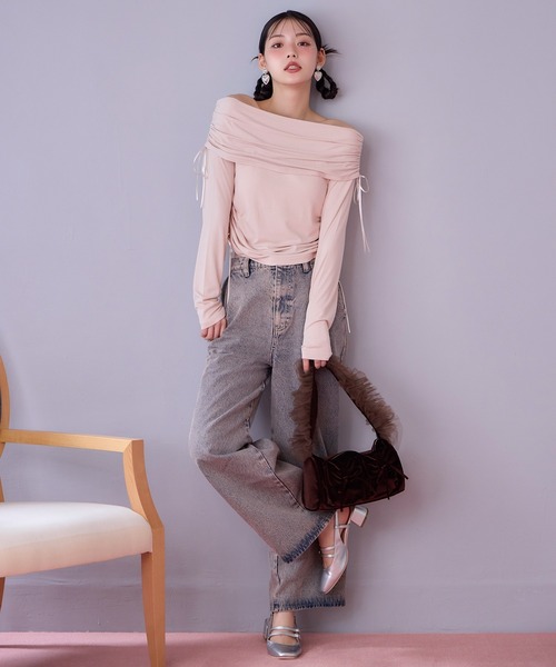 one after another NICE CLAUP(ワンアフターアナザーナイスクラップ)の「ドロストリボンオフショルトップス(Tシャツ/カットソー・レディース・モカ/ピンク/アイボリー・FREE)」の7枚目の写真
