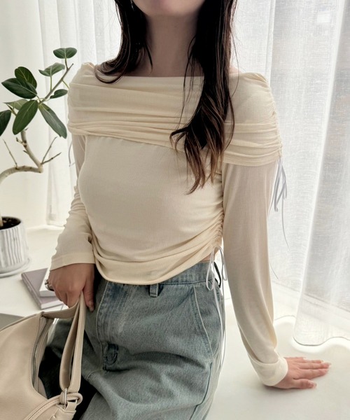 one after another NICE CLAUP(ワンアフターアナザーナイスクラップ)の「ドロストリボンオフショルトップス(Tシャツ/カットソー・レディース・モカ/ピンク/アイボリー・FREE)」の17枚目の写真