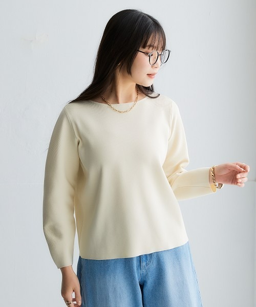 nissen(ニッセン)の「ふっくらかるいフォルムニットボートネッククロップド丈七分袖トップス(ハンガー干し可能)<大きいサイズ有>(ニット/セーター・レディース・グレイッシュブルー/ブラック/モカ/ベージュ系・3L/LL/L/M/S)」の7枚目の写真