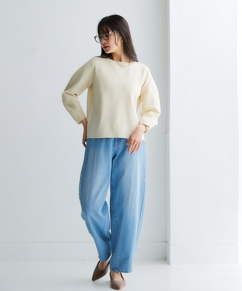 nissen(ニッセン)の「ふっくらかるいフォルムニットボートネッククロップド丈七分袖トップス(ハンガー干し可能)<大きいサイズ有>(ニット/セーター・レディース・グレイッシュブルー/ブラック/モカ/ベージュ系・3L/LL/L/M/S)」の8枚目の写真