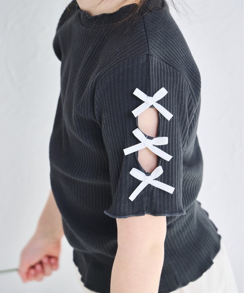 ふわふわリボン半袖カットソー fiere（フィエール） tシャツ リボンガーリー半袖Tシャツ レディース