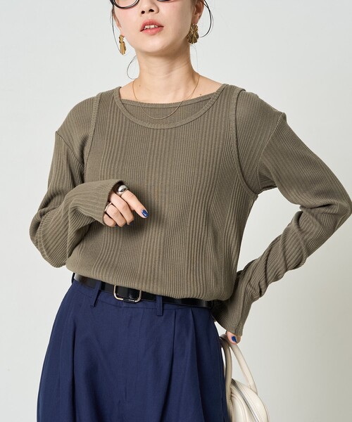 FREAK'S STORE（フリークスストア）の「限定展開　ランダム テレコ レイヤード トップス（Tシャツ/カットソー・レディース・オリーブ/オレンジ/ブルー/ナチュラル/スミクロ・ﾌﾘ-）」の4枚目の写真