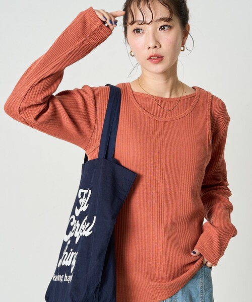 FREAK'S STORE（フリークスストア）の「限定展開　ランダム テレコ レイヤード トップス（Tシャツ/カットソー・レディース・オリーブ/オレンジ/ブルー/ナチュラル/スミクロ・ﾌﾘ-）」の5枚目の写真