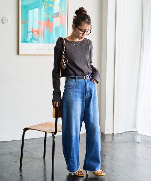 FREAK'S STORE（フリークスストア）の「限定展開　ランダム テレコ レイヤード トップス（Tシャツ/カットソー・レディース・オリーブ/オレンジ/ブルー/ナチュラル/スミクロ・ﾌﾘ-）」の6枚目の写真