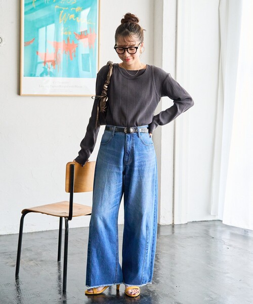 FREAK'S STORE（フリークスストア）の「限定展開　ランダム テレコ レイヤード トップス（Tシャツ/カットソー・レディース・オリーブ/オレンジ/ブルー/ナチュラル/スミクロ・ﾌﾘ-）」の7枚目の写真