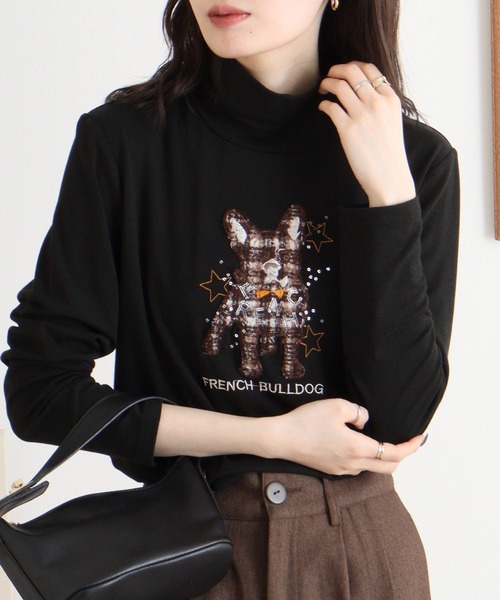 ブローディア BRODIAEA ハイネックカットソー フレンチブルドッグ刺繍 スーパープレミアサーモ （チャコールグレー） セール】BRODIAEA ハイネックカットソー フレンチブルドッグ刺繍