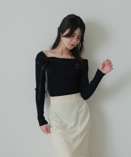 offshoulder ribbon lib tops/オフショルダーリボンリブトップス