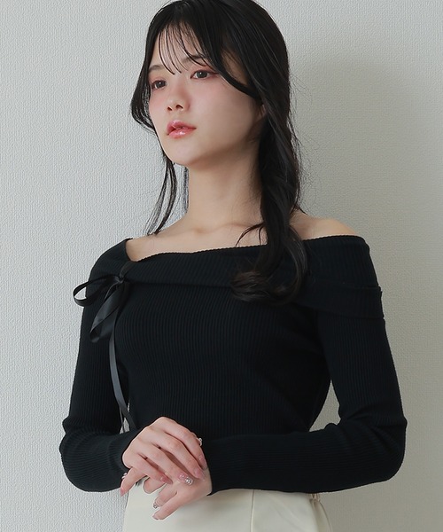 offshoulder ribbon lib tops/オフショルダーリボンリブトップス