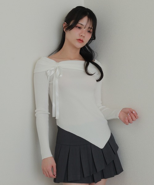 offshoulder ribbon lib tops/オフショルダーリボンリブトップス