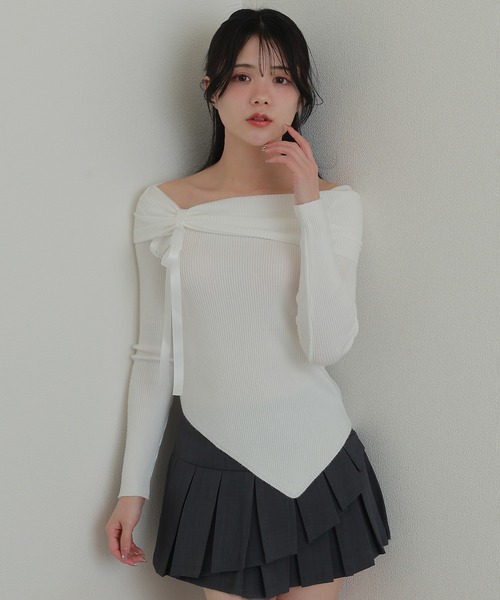 offshoulder ribbon lib tops/オフショルダーリボンリブトップス
