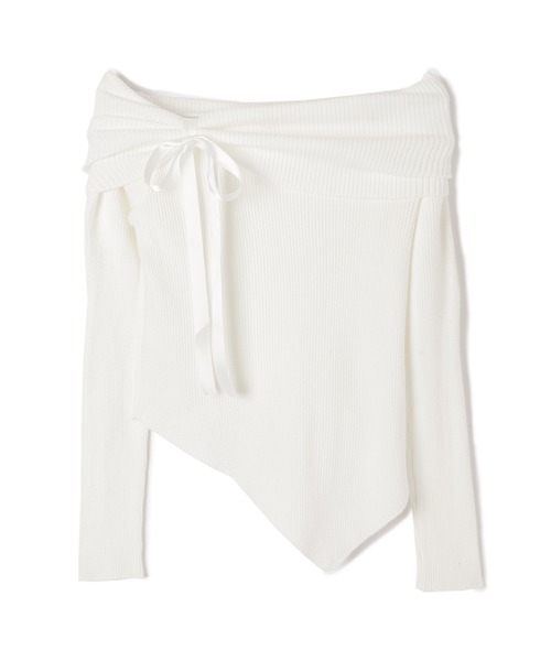 offshoulder ribbon lib tops/オフショルダーリボンリブトップス
