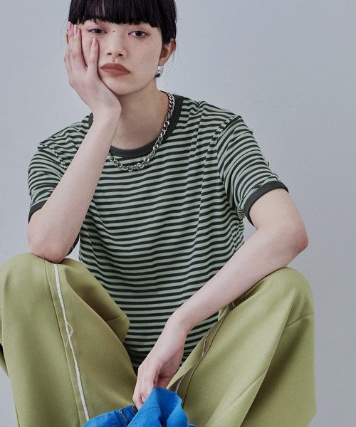 【新品】定価30,800円　トーベルボーダー　シャツジャケット　ミント　9号 セール】シアーボーダークルーネックT（Tシャツ/カットソー