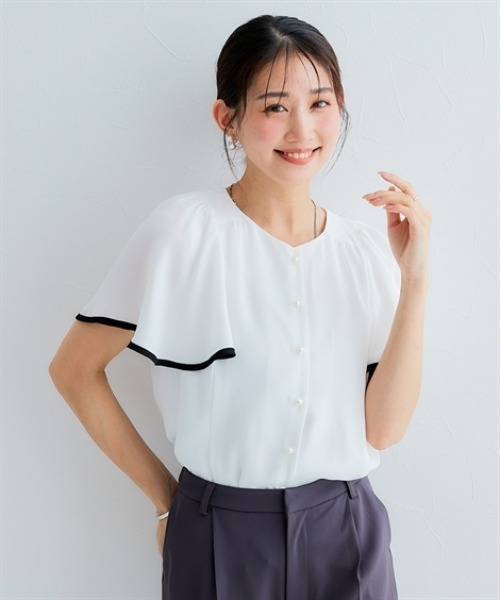 ブラウス シャツ 小さいサイズ　ジョーゼット配色フレア袖ブラウス　低身長さん・小柄女性 レディース 小さいサイズ ジョーゼット配色フレア袖ブラウス 低身長さん