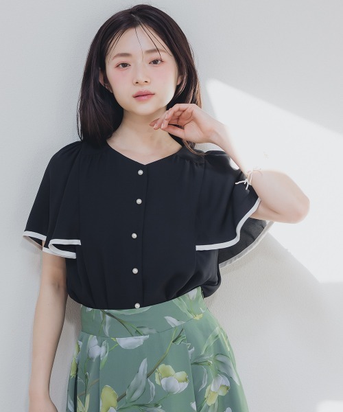 ブラウス シャツ 小さいサイズ　ジョーゼット配色フレア袖ブラウス　低身長さん・小柄女性 レディース 小さいサイズ ジョーゼットフレア袖ゴールドパーツ使いブラウス
