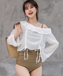 TeddyShop | レディース水着 長袖シアーアシメリボントップス+ウエストギャザーオールインワン水着 2点セット(水着)