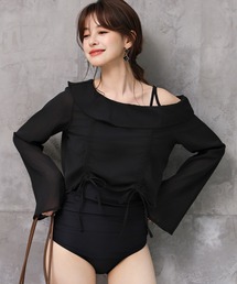 TeddyShop | レディース水着 長袖シアーアシメリボントップス+ウエストギャザーオールインワン水着 2点セット(水着)