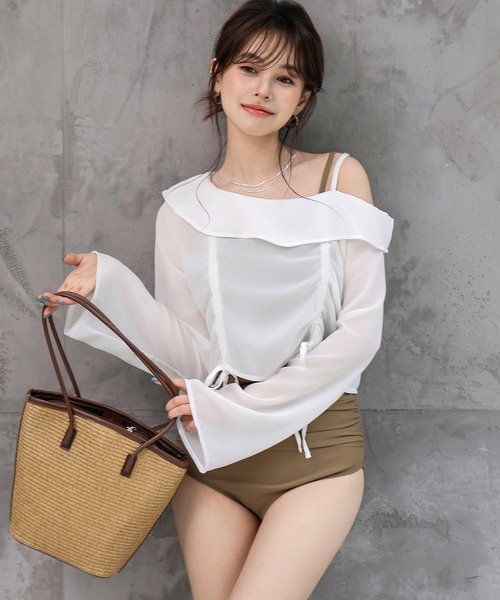 TeddyShop（テディショップ）の「レディース水着 長袖シアーアシメリボントップス+ウエストギャザーオールインワン水着 2点セット（水着・レディース・ベージュ系その他/ブラック・S/M/L/LL）」の14枚目の写真