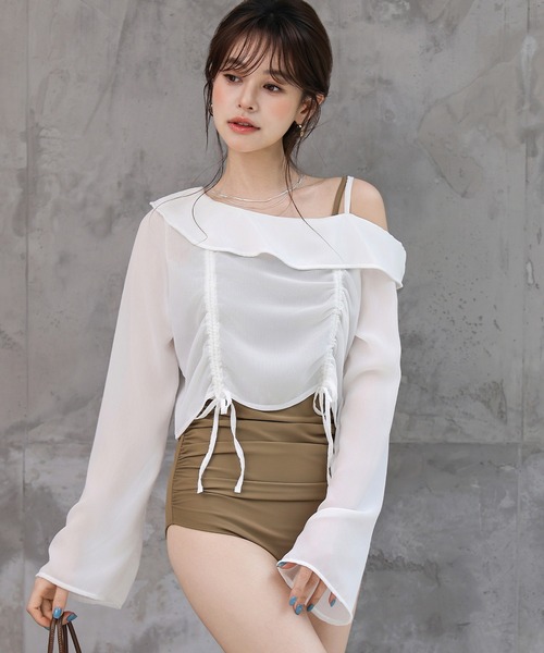 TeddyShop（テディショップ）の「レディース水着 長袖シアーアシメリボントップス+ウエストギャザーオールインワン水着 2点セット（水着・レディース・ベージュ系その他/ブラック・S/M/L/LL）」の15枚目の写真